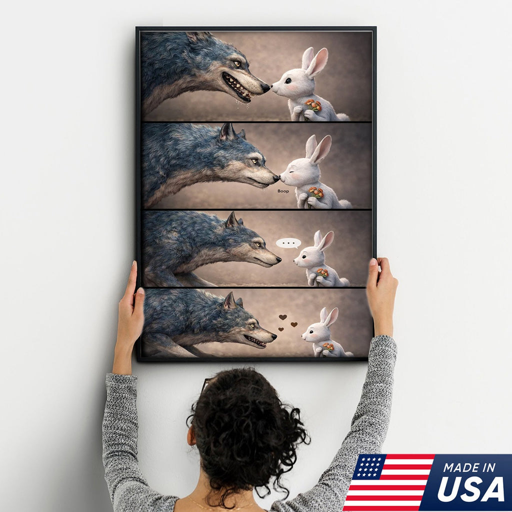 Cute Wolf and Bunny Comic Canvas Print, Whimsical Animal Love Story Wall Art Decor