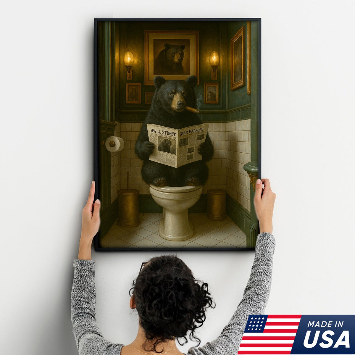 Funny Bear Bathroom Canvas – Toilet Humor Animal Wall Art Gift for Hunters