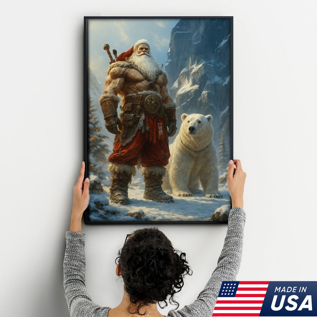 Viking Santa with Polar Bear Canvas Wall Art, Epic Christmas Warrior Decor