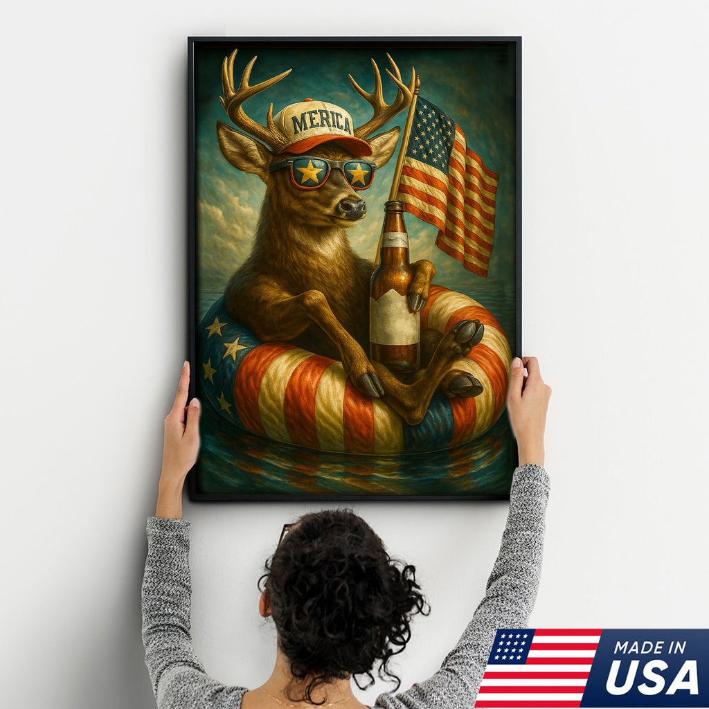 Patriotic Deer Wall Art Canvas – Funny American Flag Wall Art, Man Cave & Rustic Cabin Decor
