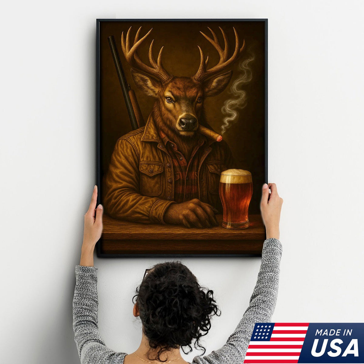 Majestic Deer Canvas Wall Art – Surreal Hunter Portrait with Beer Glass, Bold Rustic Decor