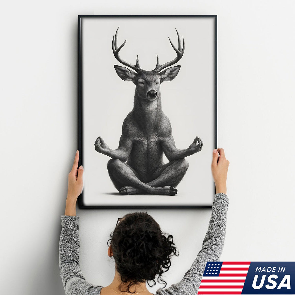 Yoga Deer Canvas Wall Art, Meditating Buck Minimalist Black and White Print, Peaceful Wildlife Zen Decor