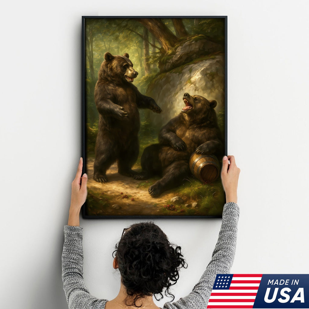 Funny Drunk Bears Canvas – Rustic Cabin Wall Art Gift for Hunters, Beer Lovers & Man Caves