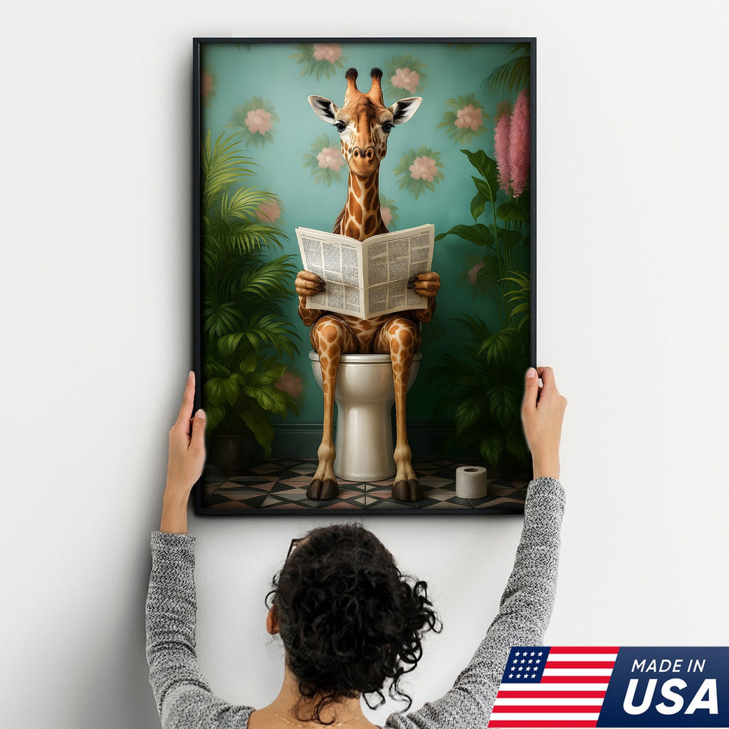 Funny Giraffe Bathroom Canvas Wall Art, Whimsical Animal Reading Newspaper Print