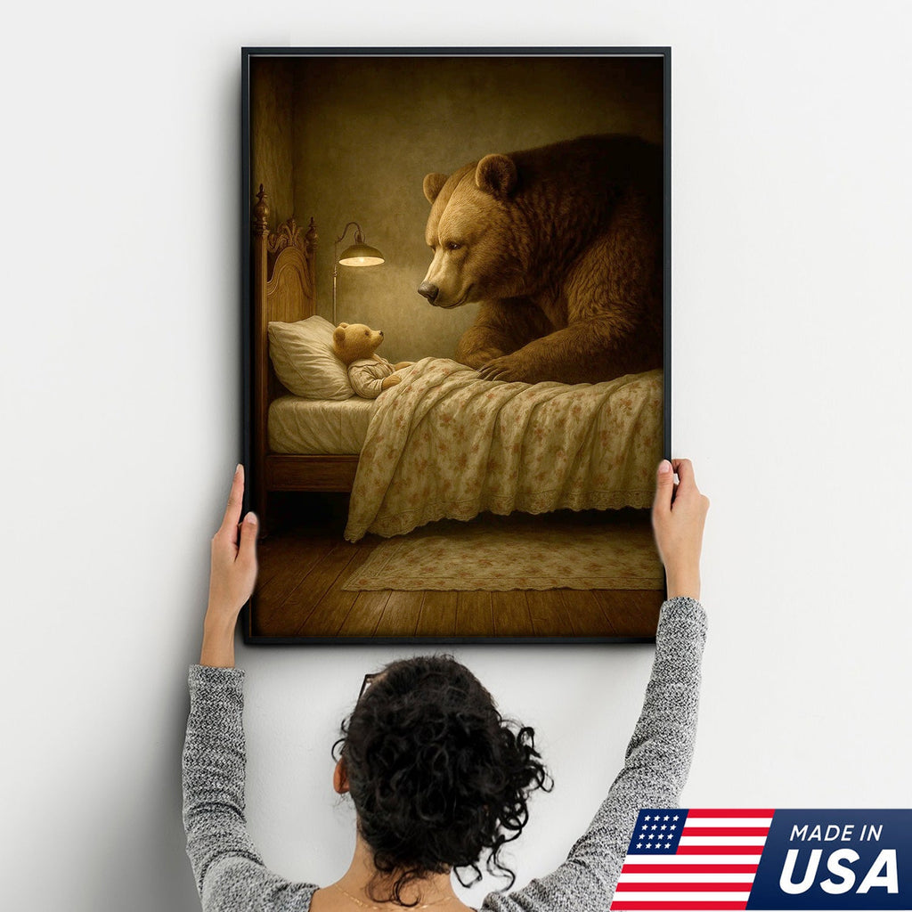 Mother Bear and Cub Canvas Wall Art, Whimsical Bedtime Wildlife Artwork