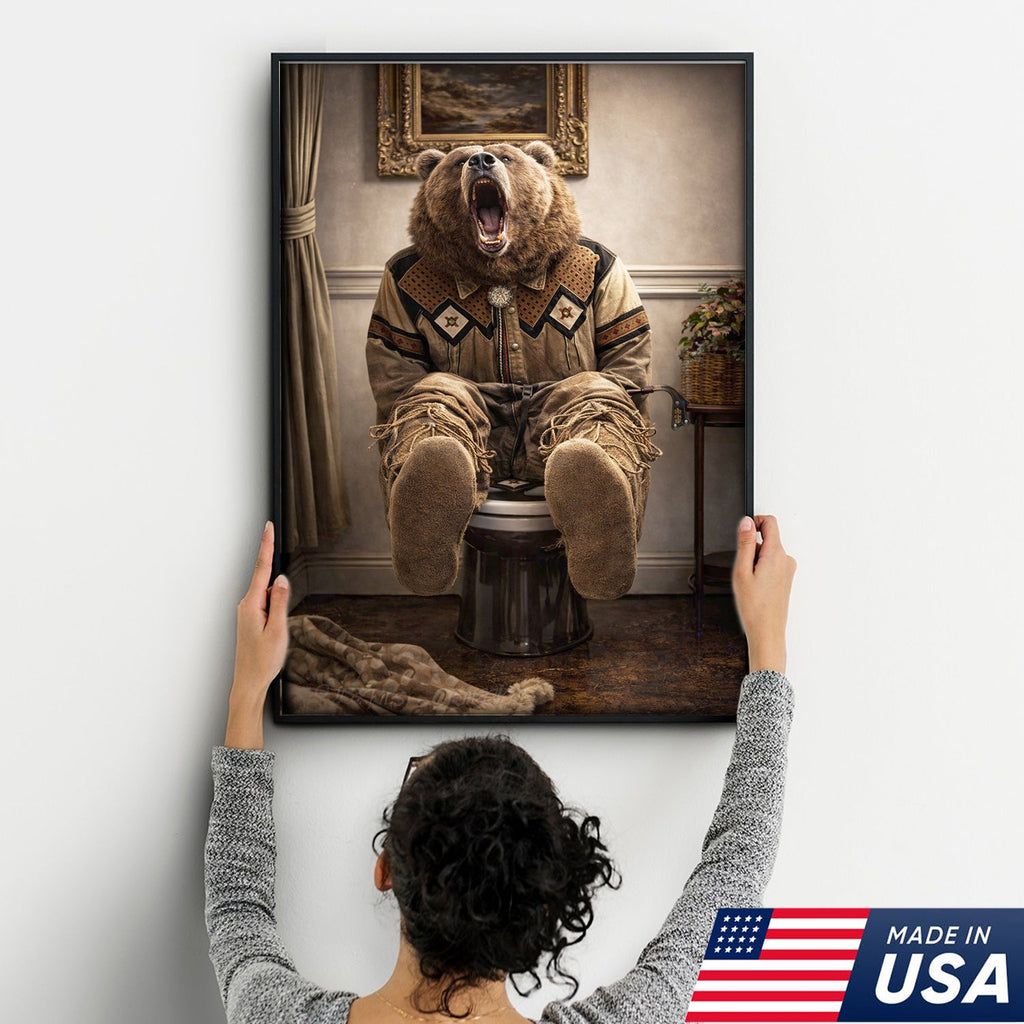 Funny Bear Bathroom Canvas Wall Art – Western Bear On Toilet