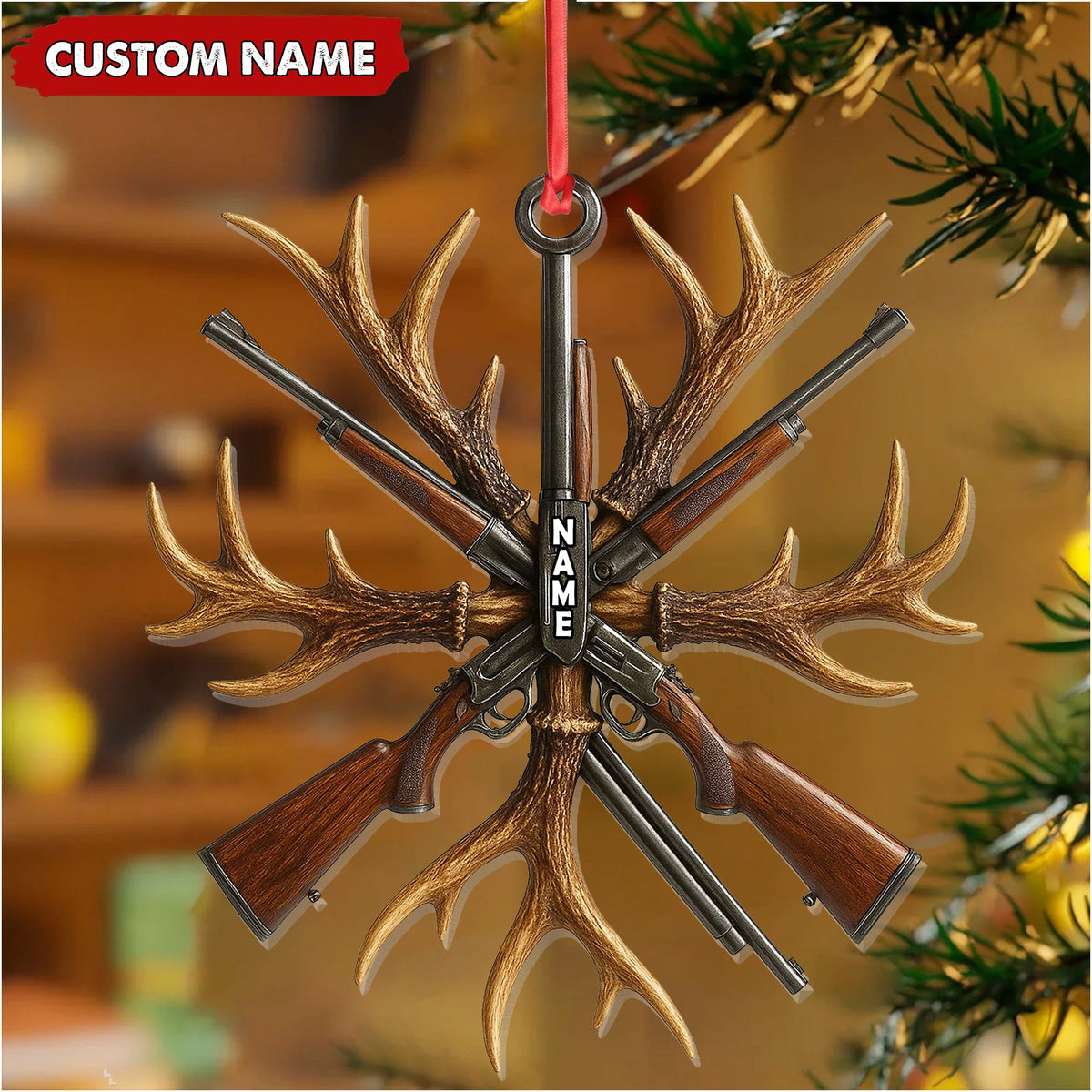 Custom Name Hunting Ornament, Antlers and Rifles Christmas Decor for Hunters