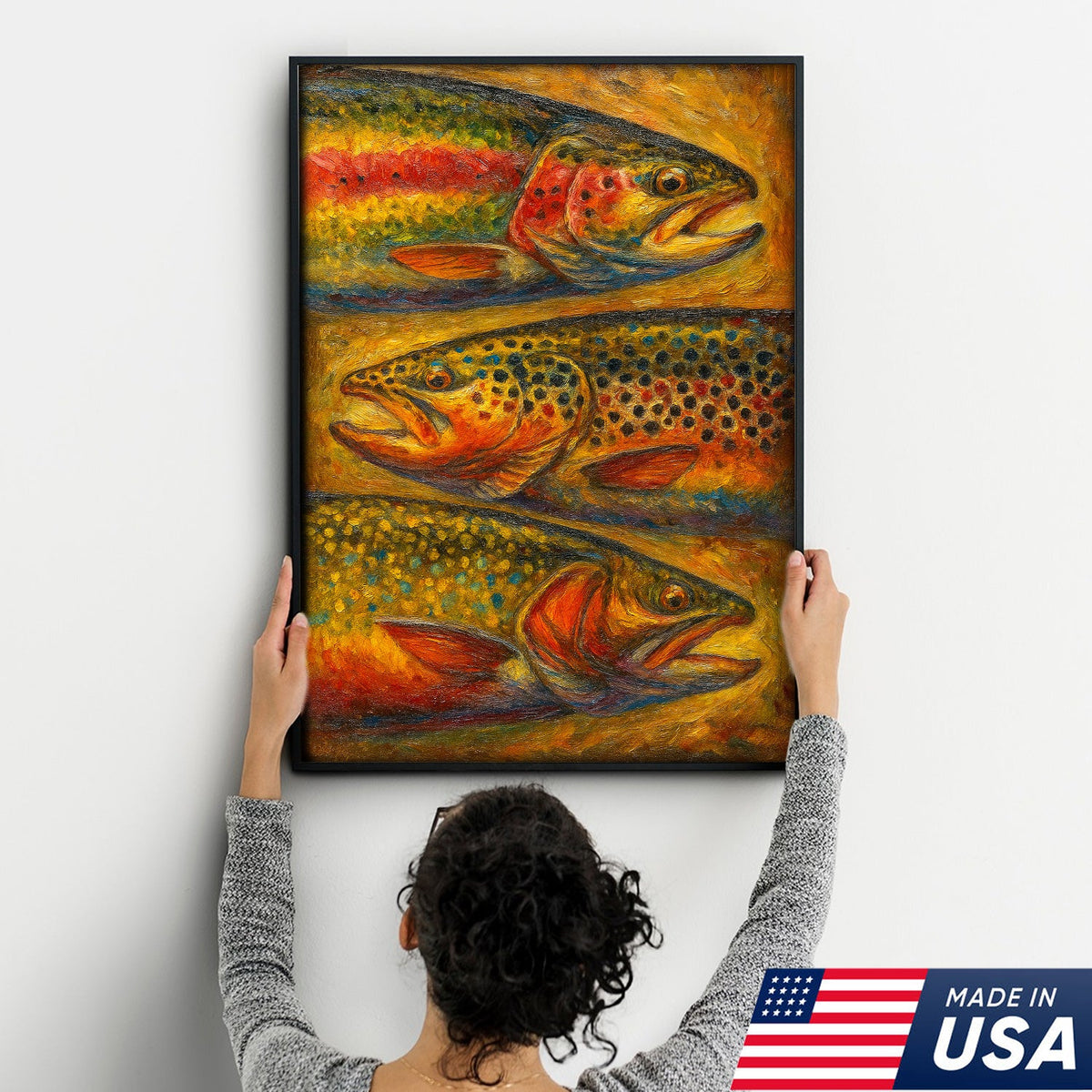 Trout Oil Painting Canvas Wall Art – Rustic Fishing Lodge Decor Gift for Anglers & Nature Lovers