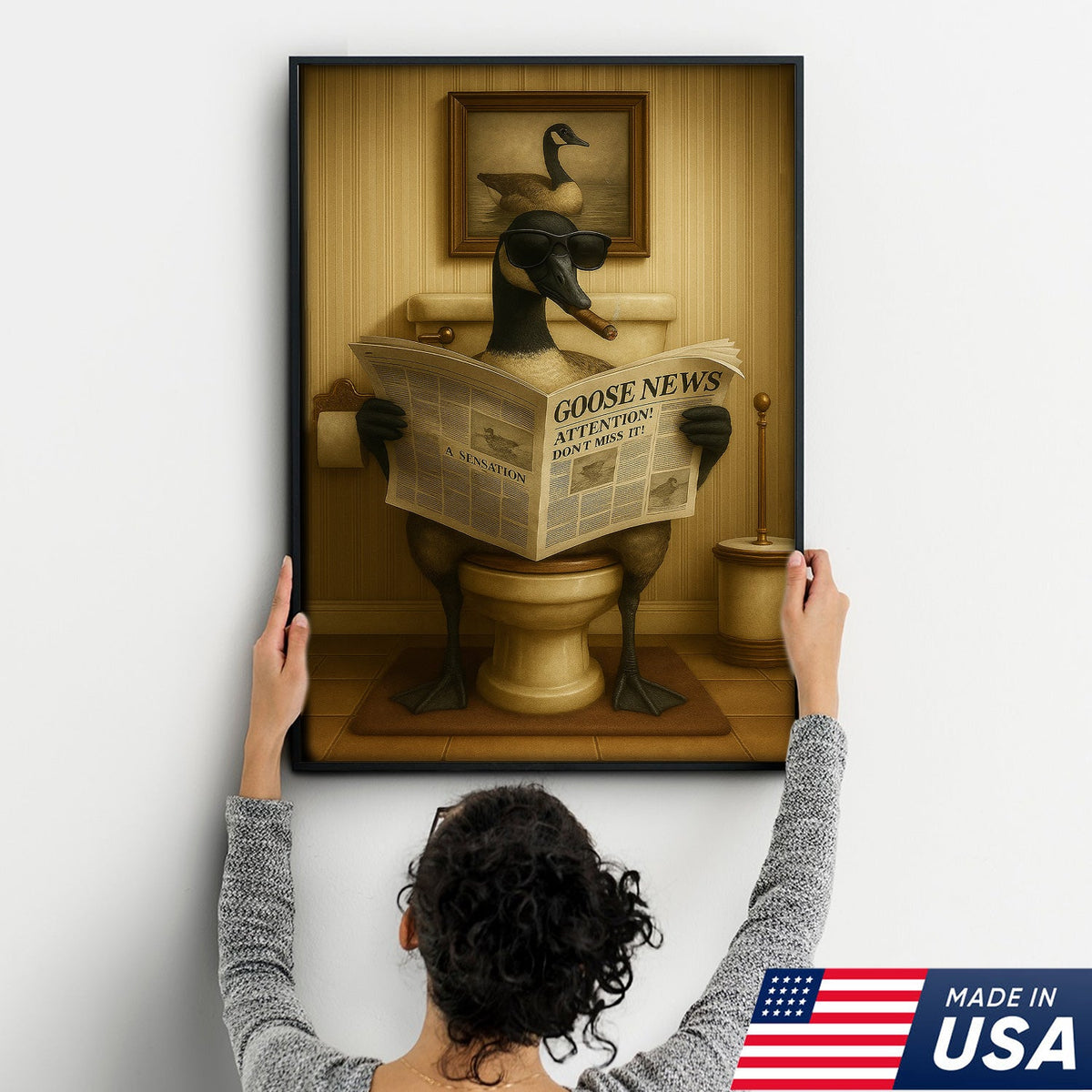 Funny Canada Goose Reading Newspaper Canvas – Funny Bathroom Wall Art