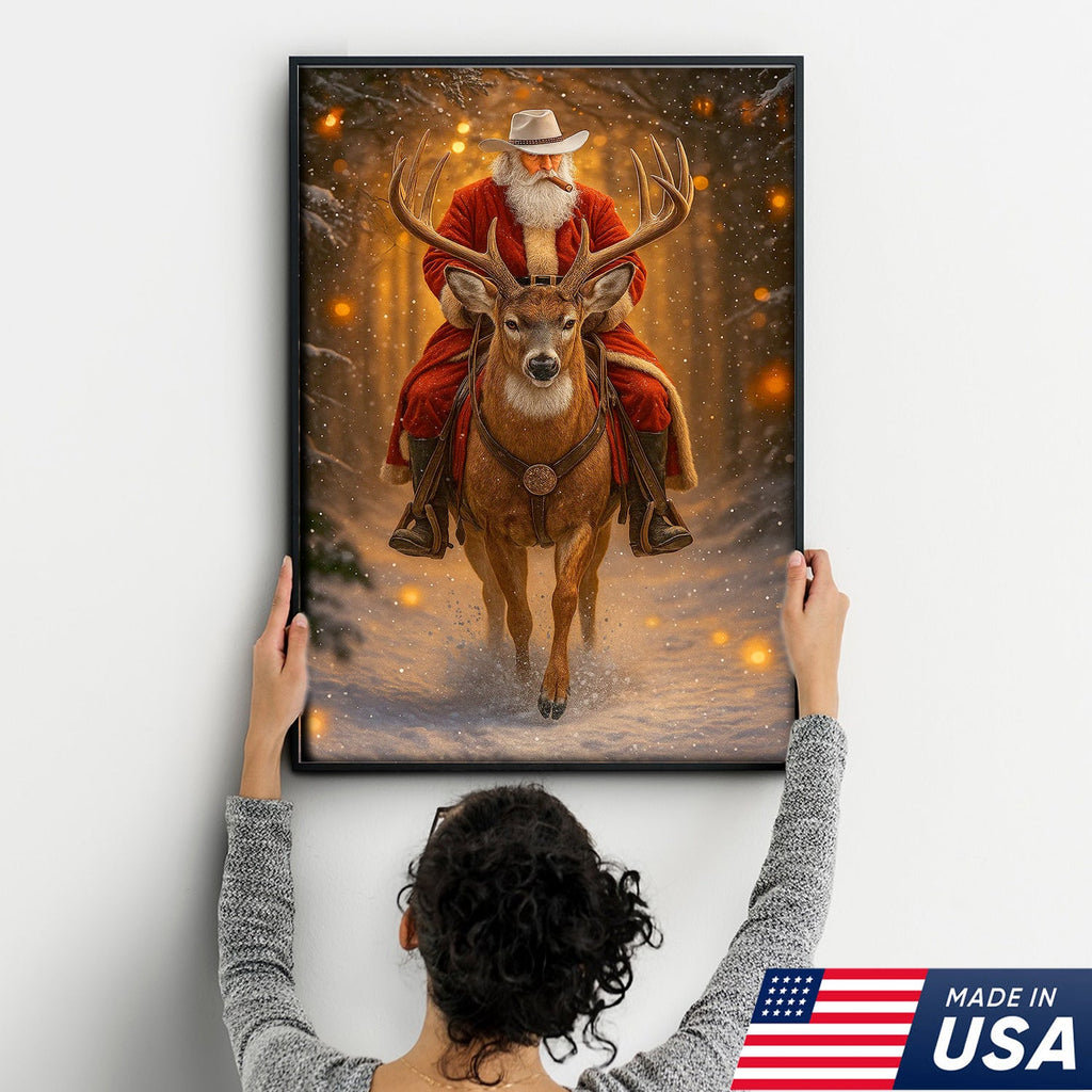 Cowboy Santa Riding Deer Canvas, Western Christmas Wall Art Decor