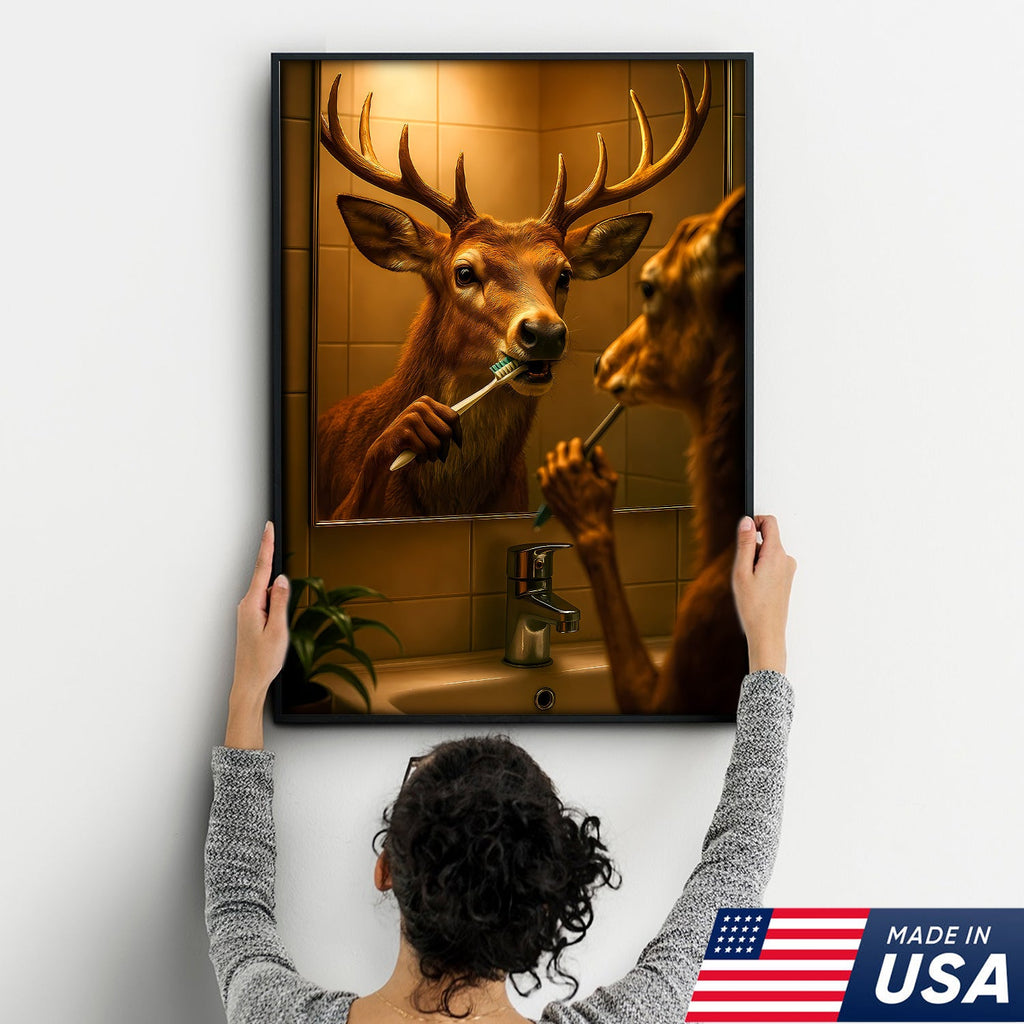 Deer Brushing Teeth Canvas – Funny Bathroom Wall Art, Cabin Decor Gift for Hunters