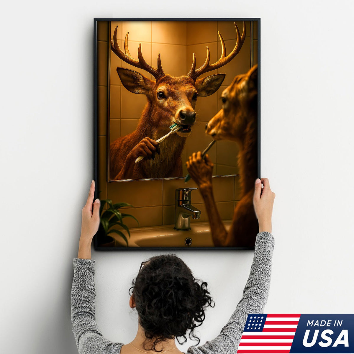 Deer Brushing Teeth Canvas – Funny Bathroom Wall Art, Cabin Decor Gift for Hunters