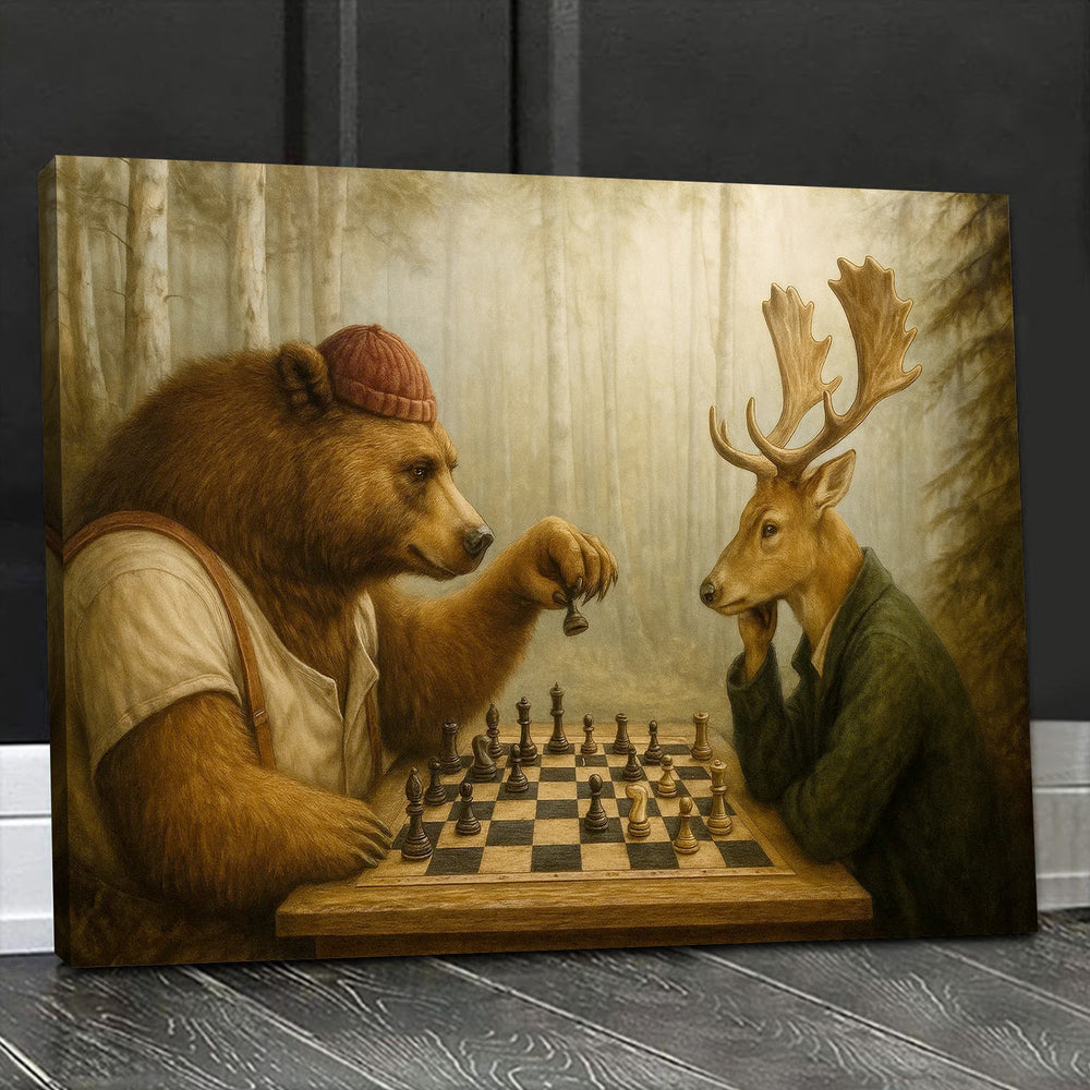 Bear and Deer Chess Wall Art Canvas, Forest Animals Playing Chess Rustic Decor