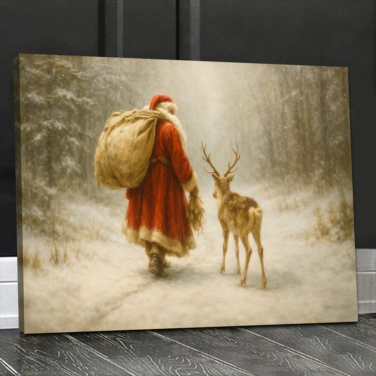Vintage Santa and Reindeer Canvas Wall Art, Rustic Snowy Forest Christmas Scene
