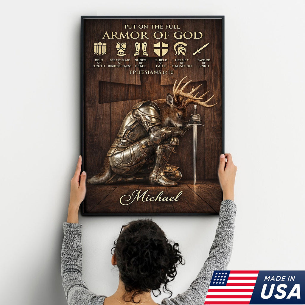 Personalized Armor of God Deer Knight Canvas Wall Art, Christian Ephesians 6:10 Scripture Artwork