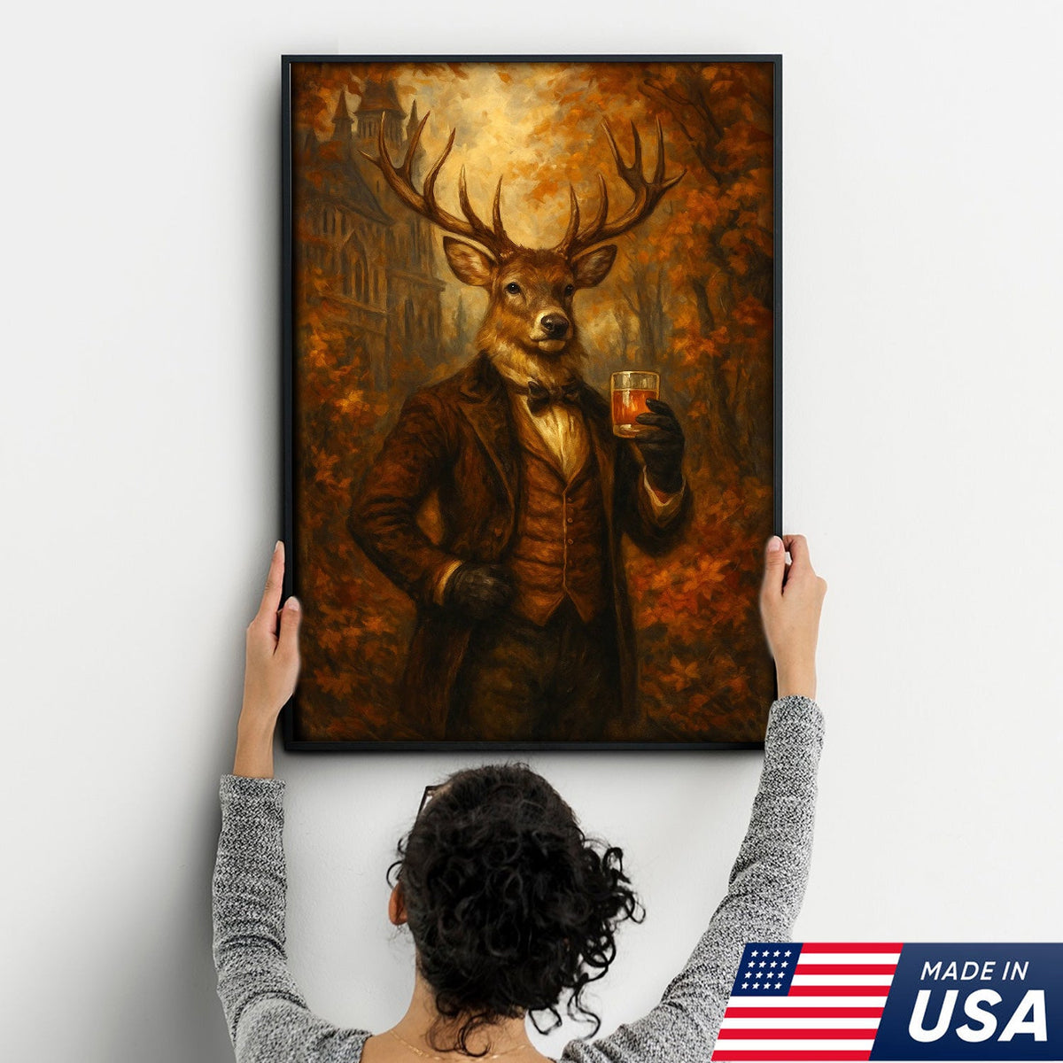 Deer Gentleman Whiskey Canvas Wall Art – Rustic Fall Hunting Lodge & Man Cave Decor