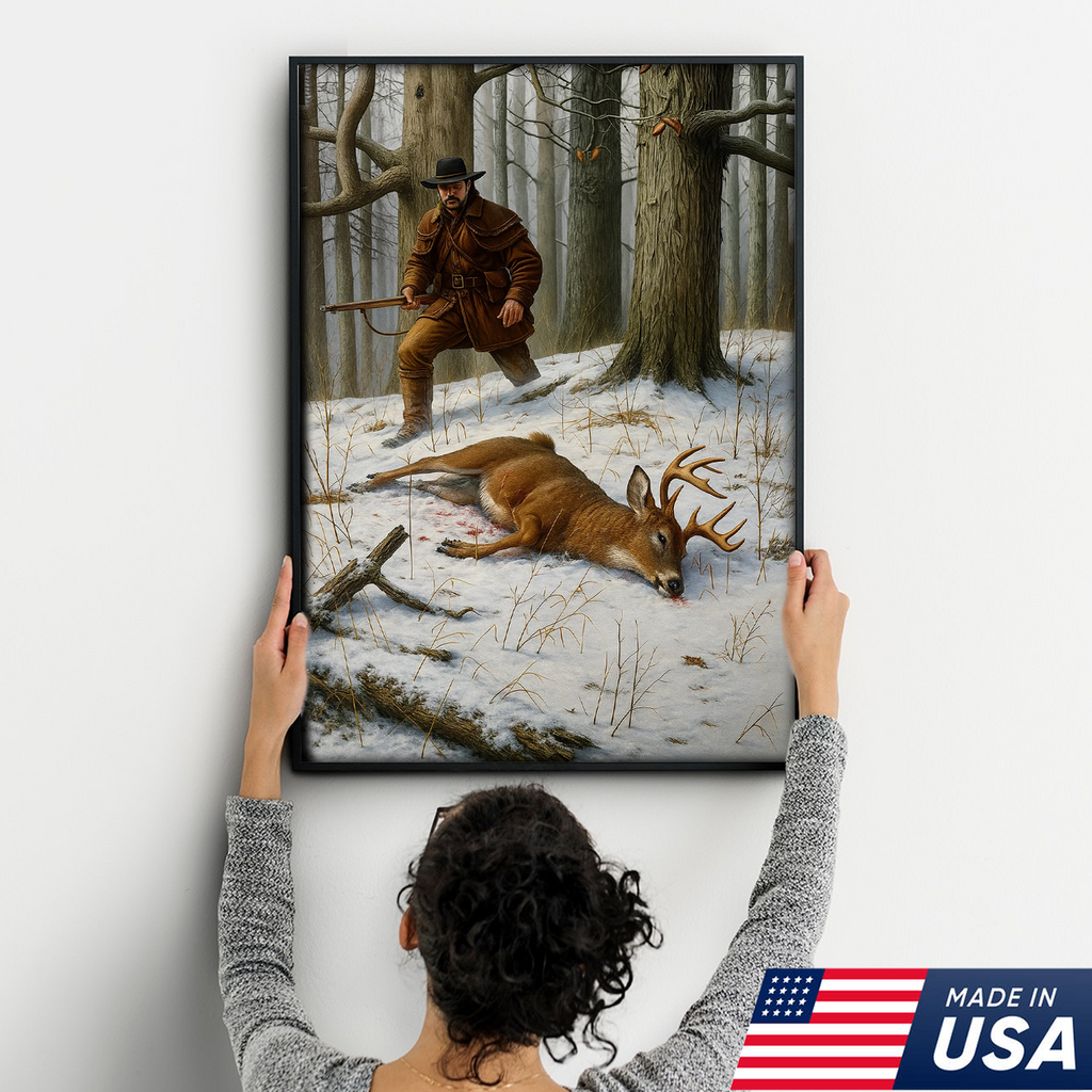 Deer Hunting Canvas Wall Art – Rustic Winter Forest Scene, Hunter with Rifle and Buck