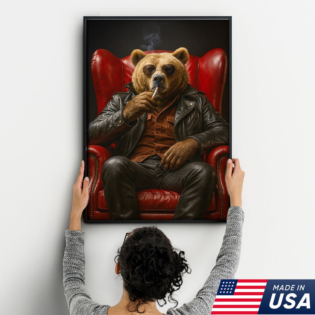 Cool Smoking Bear Wall Art Canvas – Badass Leather Chair Bear Canvas Print for Man Cave Decor