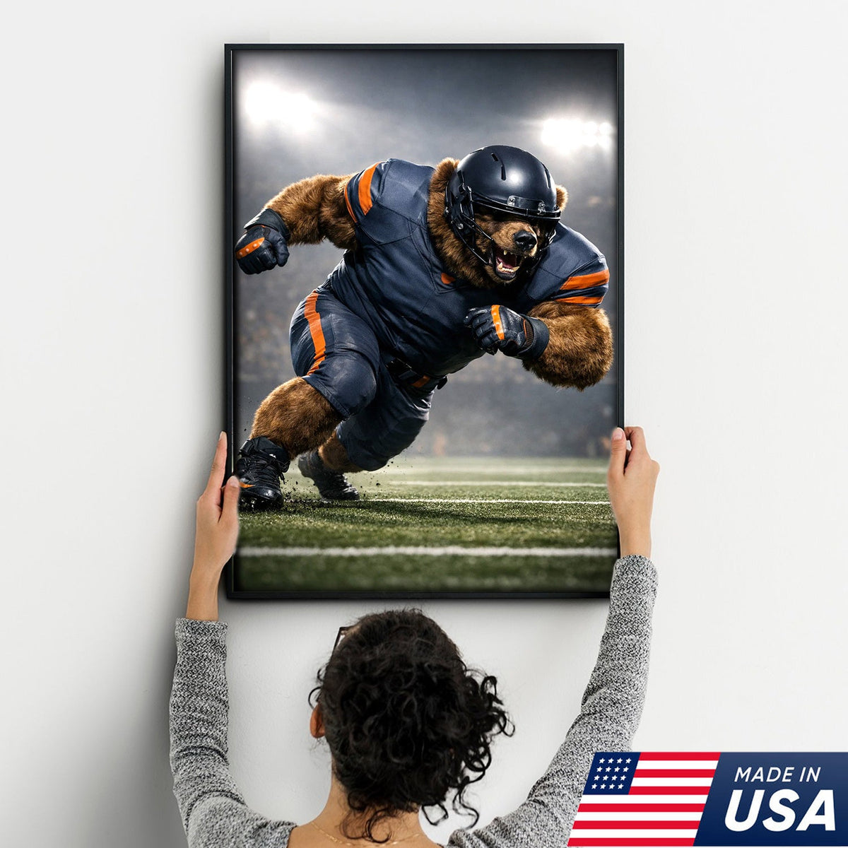 Raging Grizzly Football Canvas Wall Art – Powerful Bear Athlete Stadium Action Print