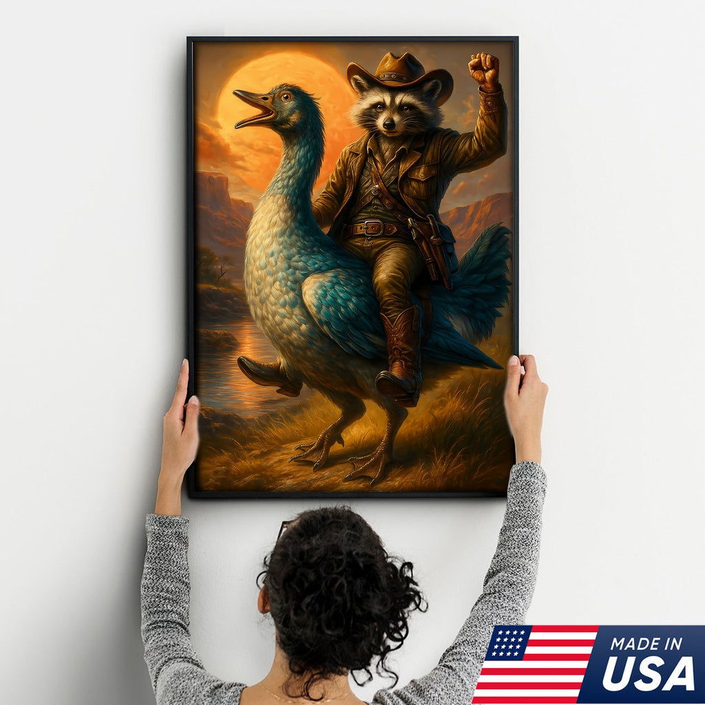 Raccoon Cowboy Riding Goose Canvas – Funny Western Wall Art for Hunters & Animal Lovers