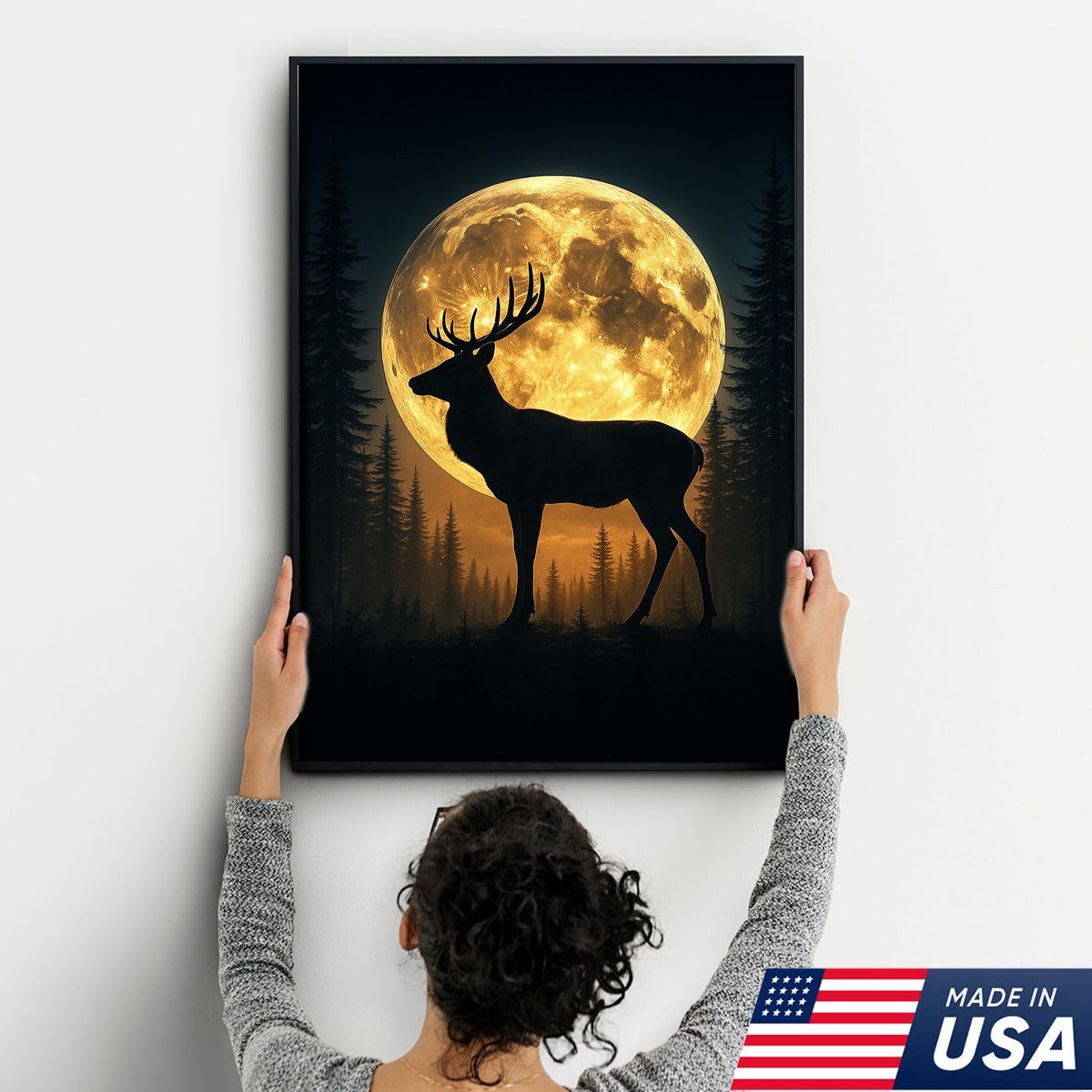Moonlit Deer Silhouette Canvas – Rustic Forest Wall Art for Cabin & Lodge Decor