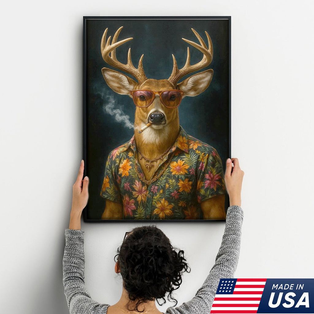 Cool Deer Smoking Canvas Wall Art, Funny Animal Portrait Artwork, Retro Hunter Gift Decor