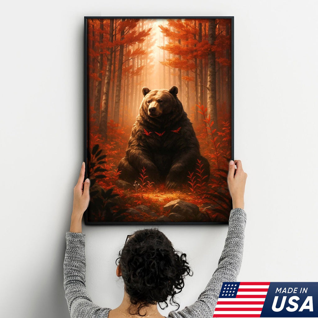 Autumn Forest Bear Canvas Wall Art, Majestic Brown Bear in Fall Woodland