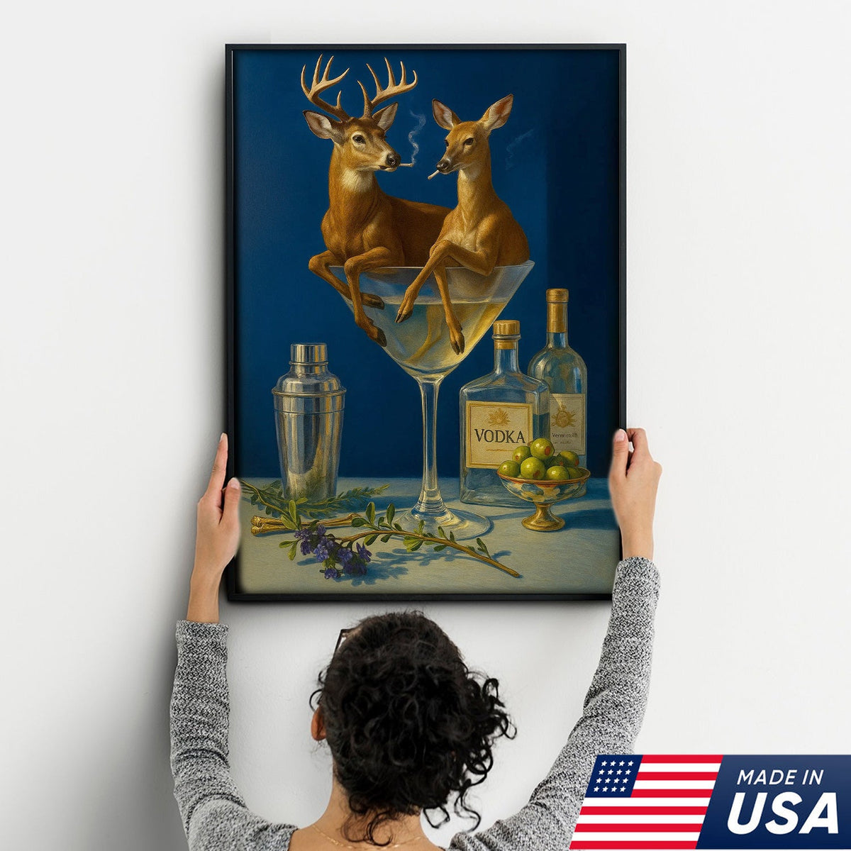 Funny Deer Couple Wall Art Canvas – Whimsical Buck and Doe in Martini Glass