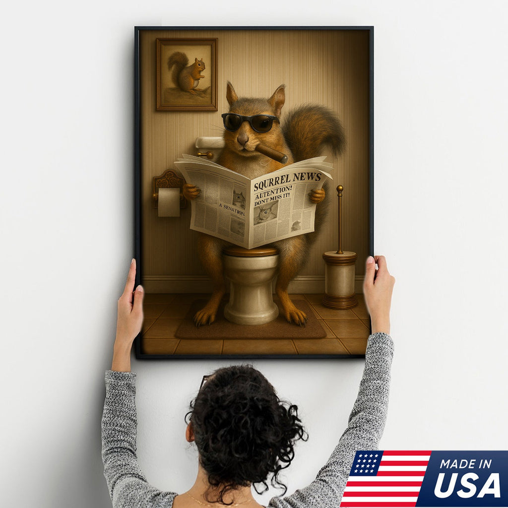 Hilarious Squirrel Canvas Print – Unique Rustic Bathroom Humor for Hunting Lodge and Man Cave
