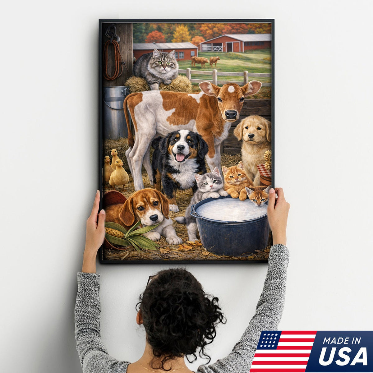 Farm Animals Canvas Wall Art – Cute Barn Animal Painting Cow Dog Cat Farm Decor