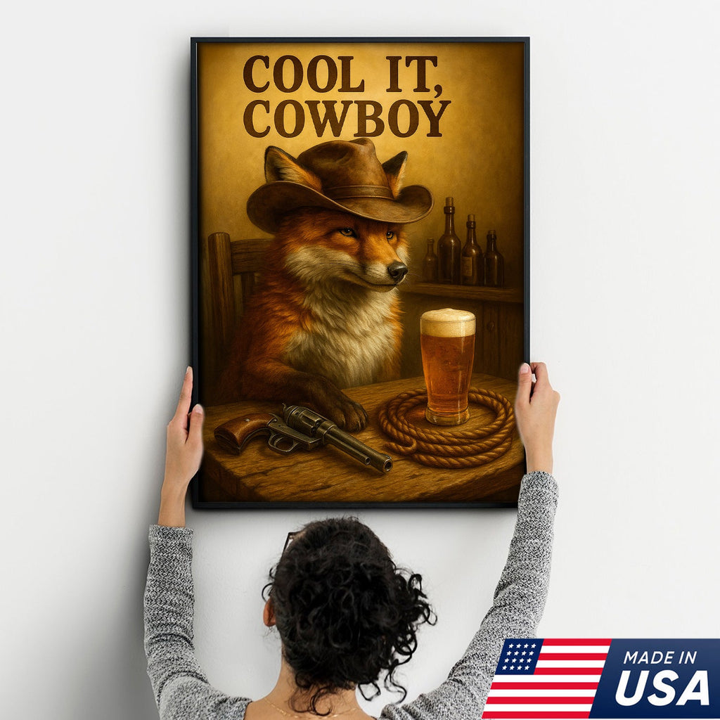 Cowboy Fox Canvas Wall Art – Rustic Western Saloon Painting with Coors Beer
