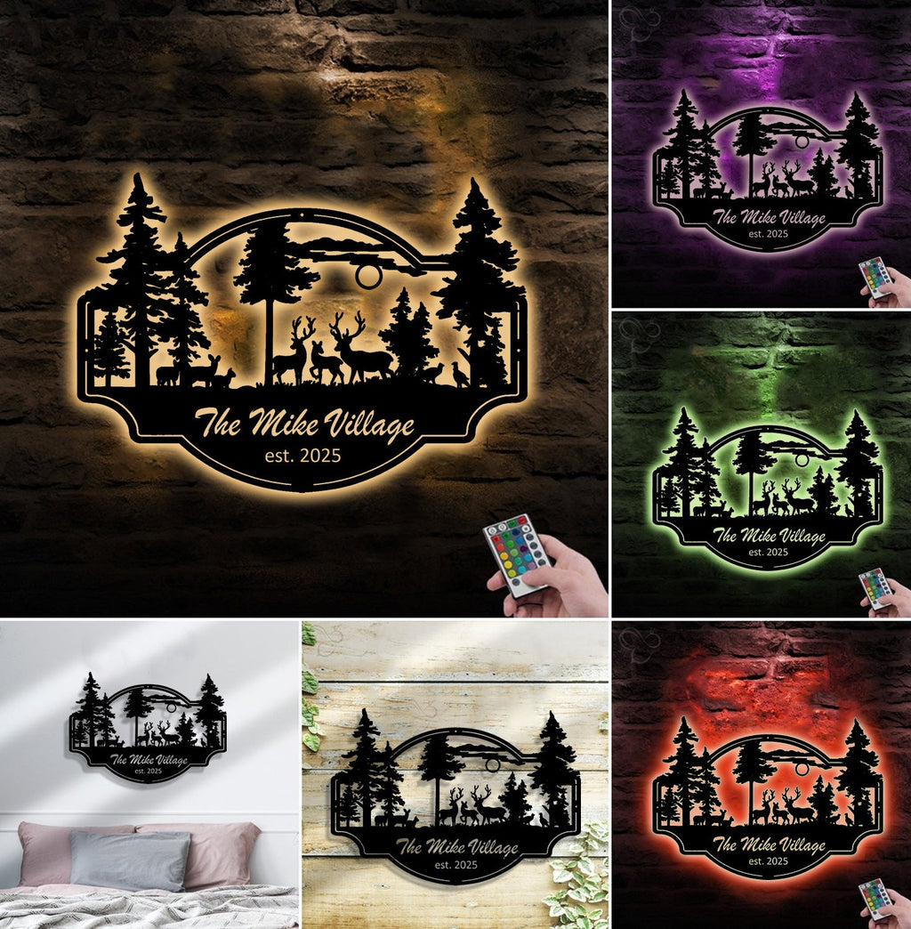 Personalized Deer Metal Sign WITH LED/WITHOUT LED - Rustic Wildlife Scene Cabin Name Sign