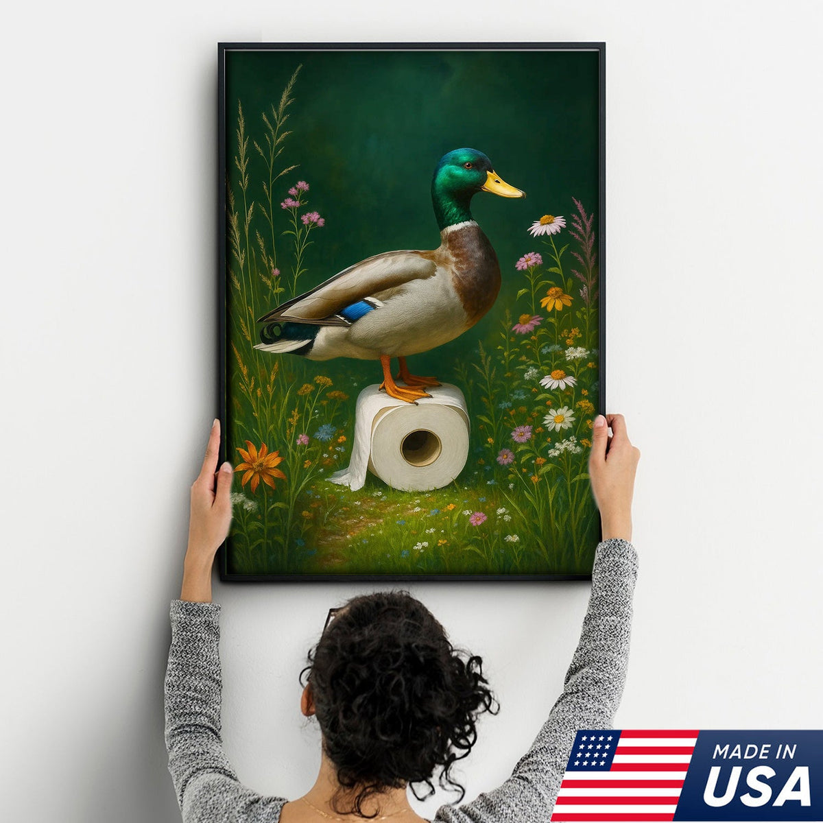 Duck on Toilet Paper Canvas Wall Art, Funny Bathroom Decor with Wildflowers