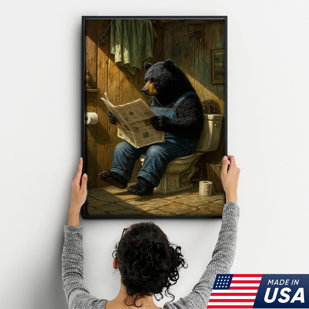 Funny Bear Reading Newspaper Bathroom Wall Art Canvas – Humorous Rustic Animal Decor Print