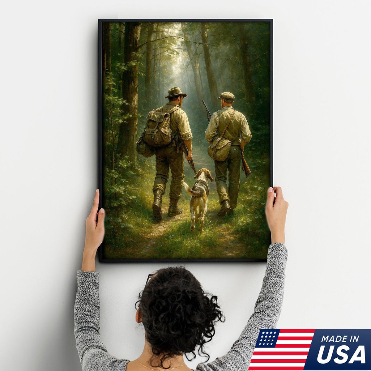 Hunting Canvas Wall Art – Hunters Walking with Dog in Forest – Rustic Cabin Decor