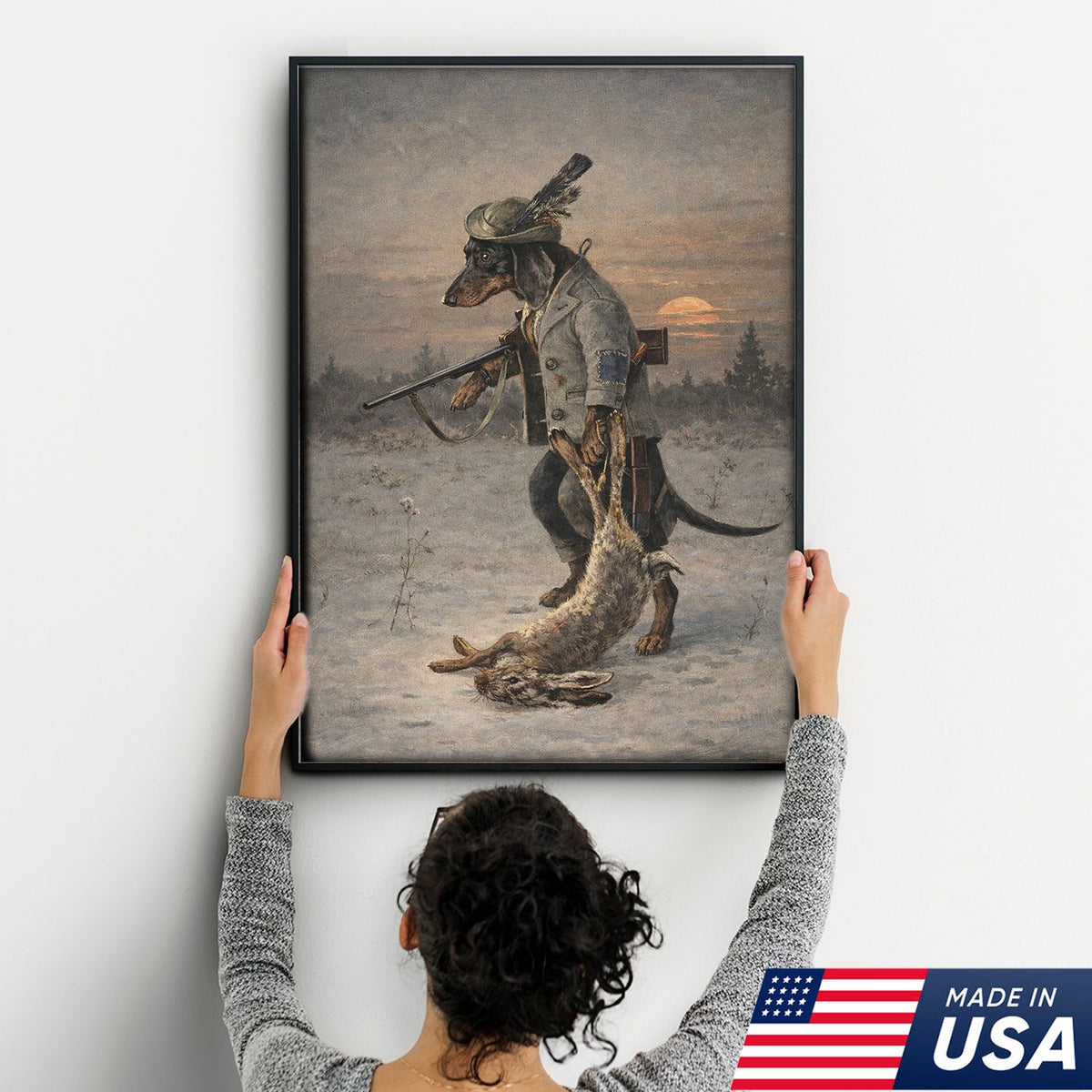 Vintage Dachshund Hunter Canvas Wall Art – Classic Sporting Dog with Rifle