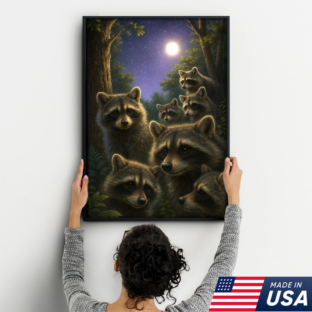 Raccoons Under Full Moon Canvas – Woodland Night Scene, Rustic Lodge Wall Art