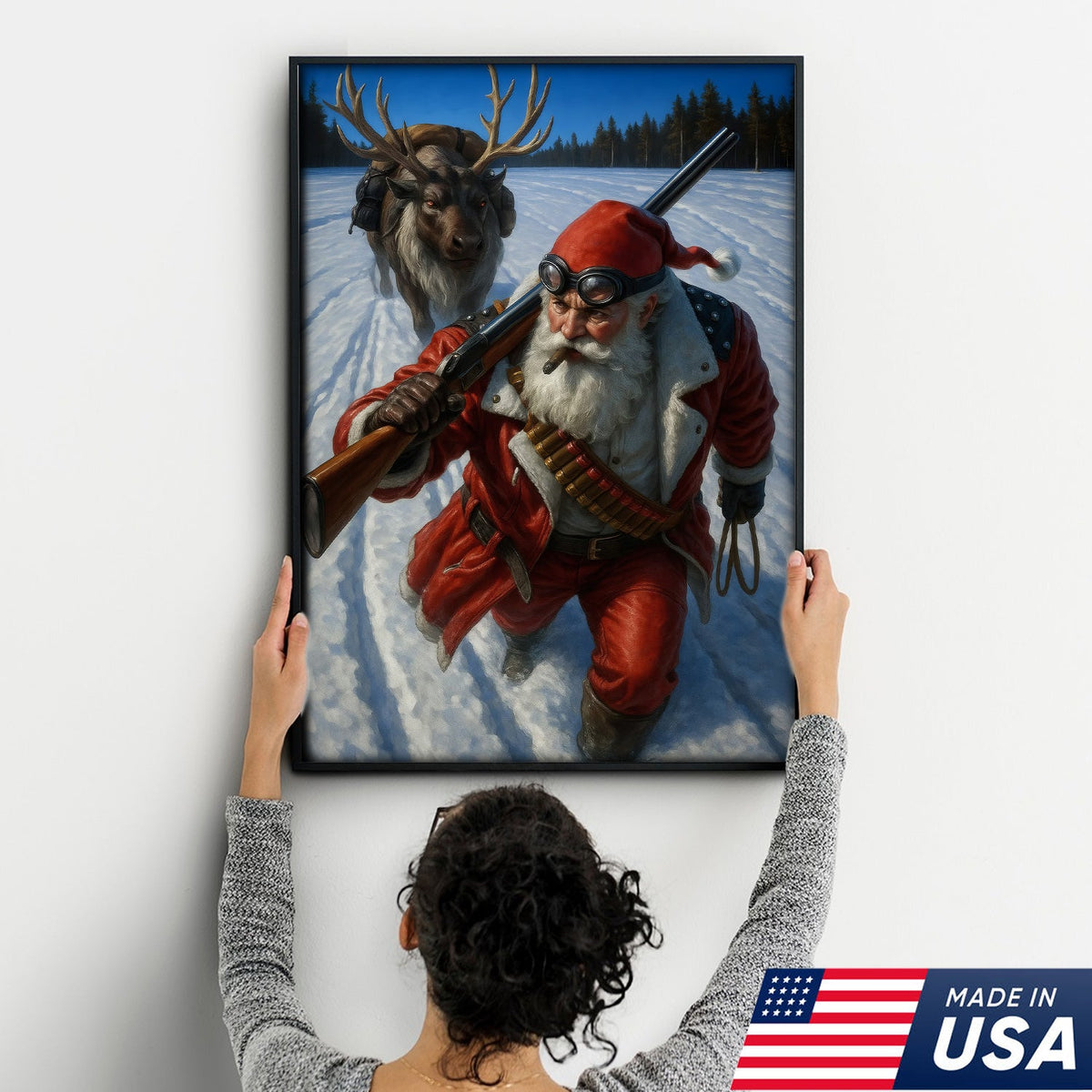 Action Santa Sprinting with Reindeer Canvas Wall Art, Epic Winter Christmas Decor