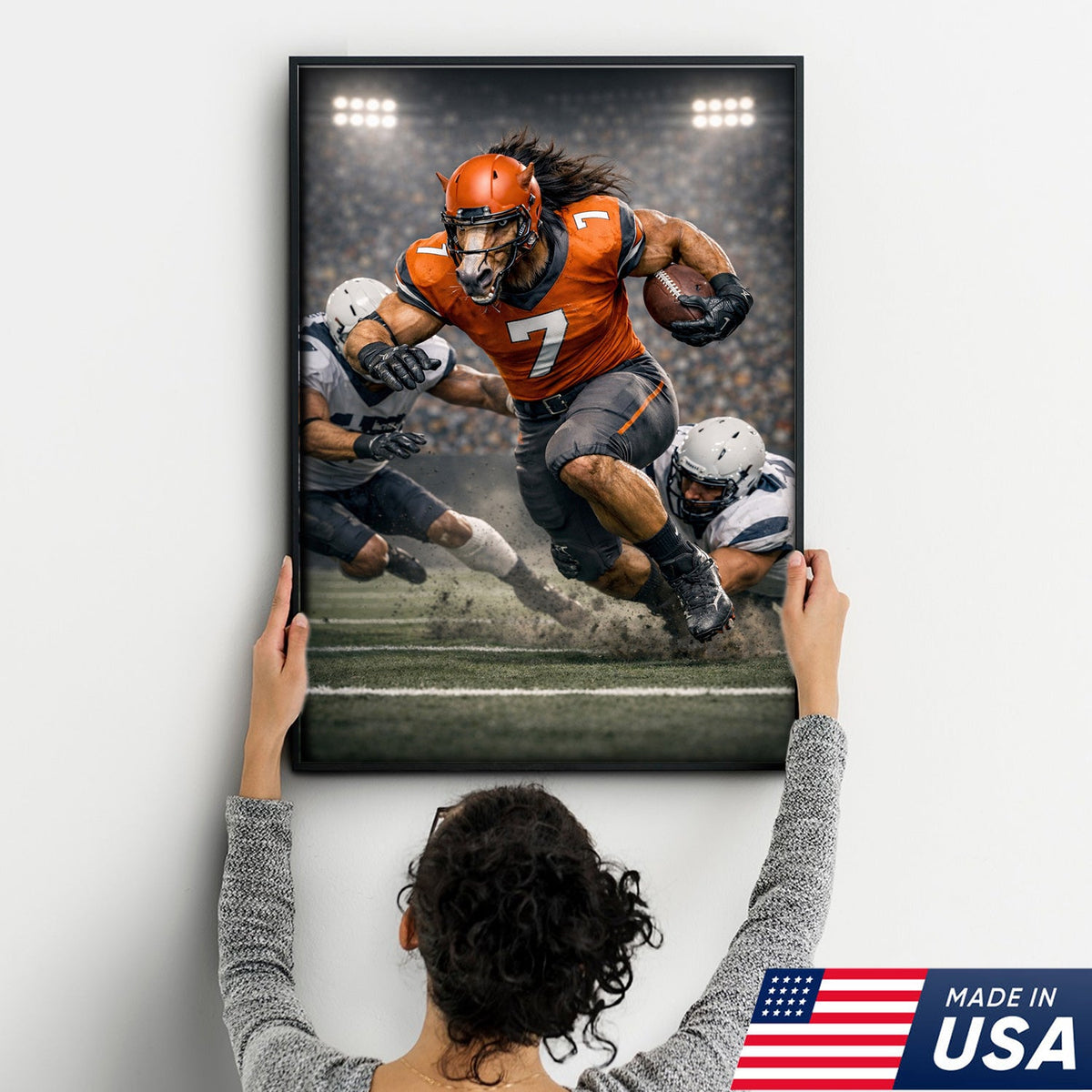 Wild Stallion Football Canvas Wall Art – Powerful Horse Athlete Stadium Action Print
