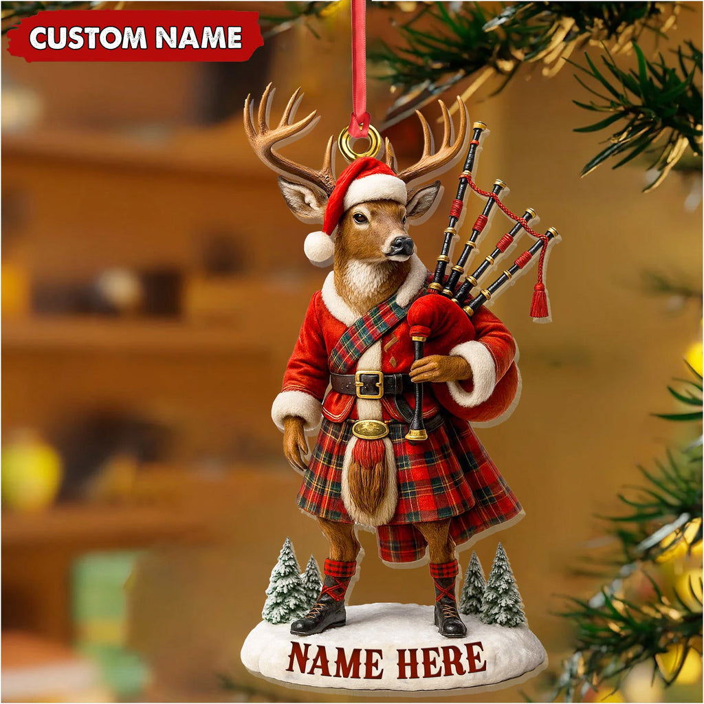 Personalized Scottish Deer Ornament, Custom Name Highland Bagpiper Christmas Decoration