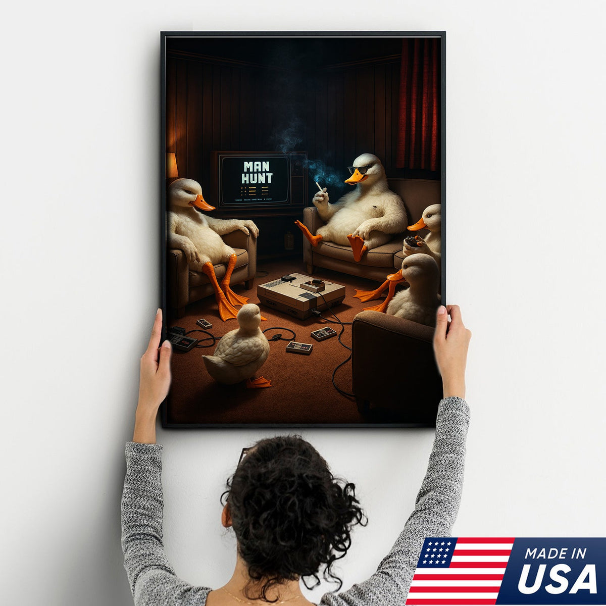 Gaming Ducks Retro Scene Canvas – Dark Humor Surreal Wall Art for Man Cave Decor