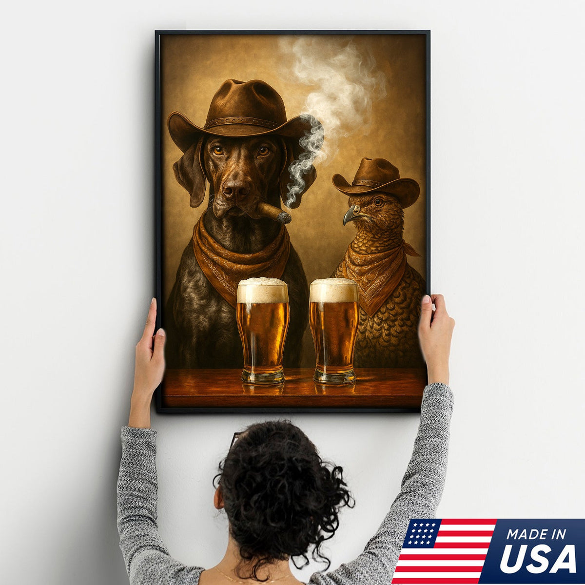 Funny Dog & Grouse Beer Canvas Wall Art – Rustic Cowboy Bar Decor Gift for Hunters & Outdoorsmen