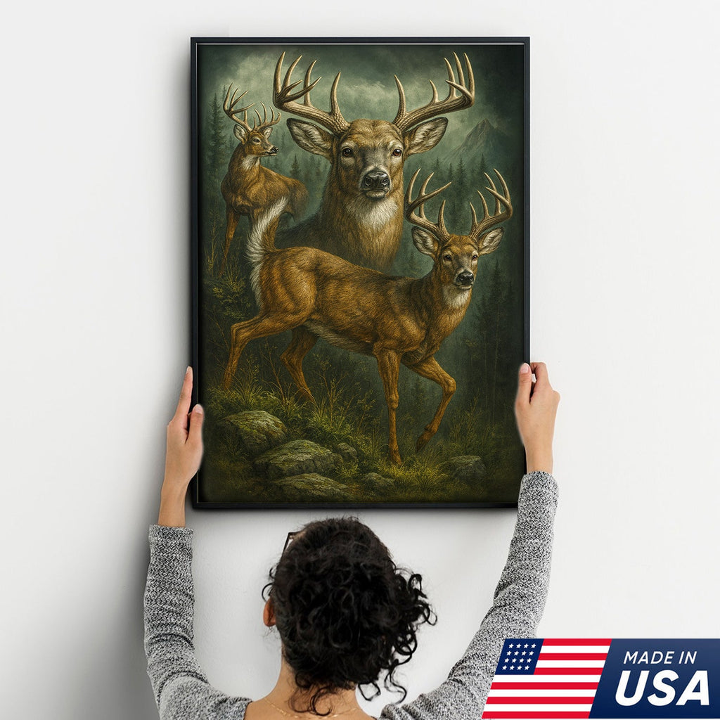 Whitetail Deer Trio Canvas Wall Art, Majestic Bucks in Forest Scene, Perfect Hunting Lodge
