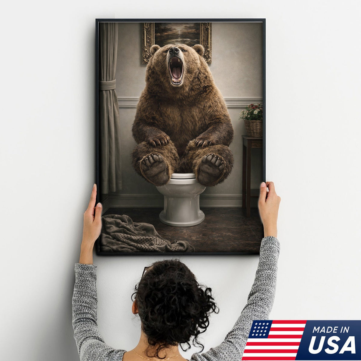 Funny Roaring Bear Bathroom Canvas Wall Art – Bear On Toilet Painting