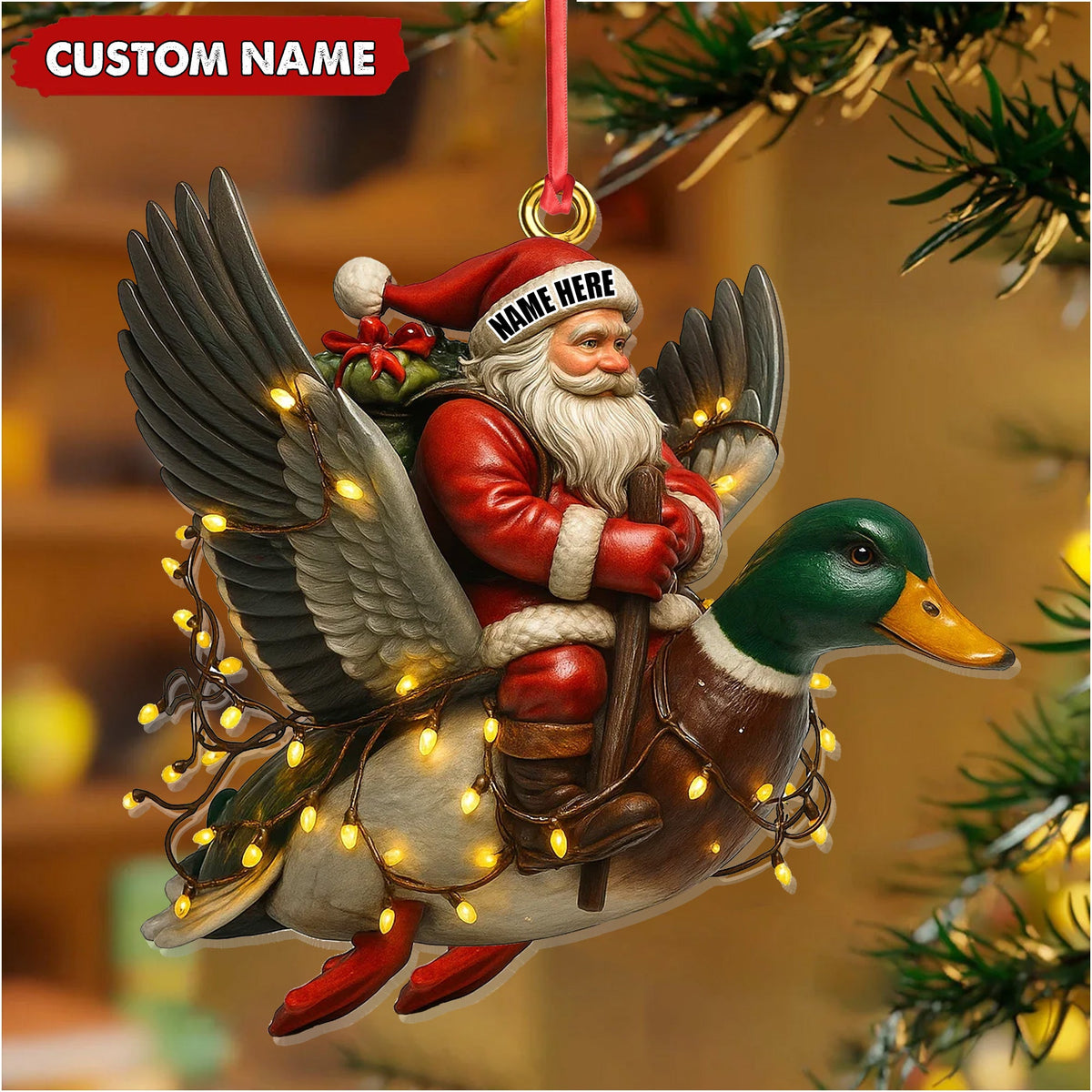 Personalized Santa Riding Duck Ornament, Custom Name Christmas Gift for Hunters