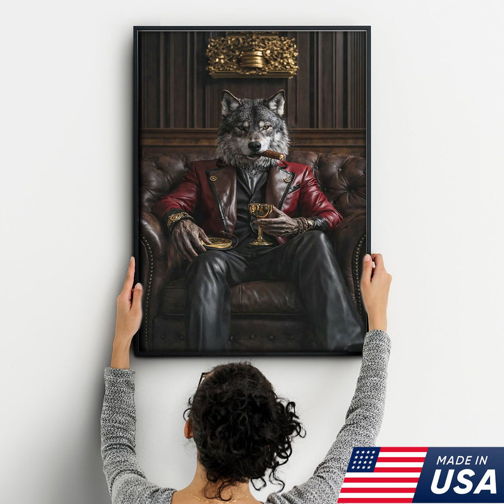 Luxury Alpha Wolf Canvas Wall Art, Aristocratic Wolf Gentleman Portrait