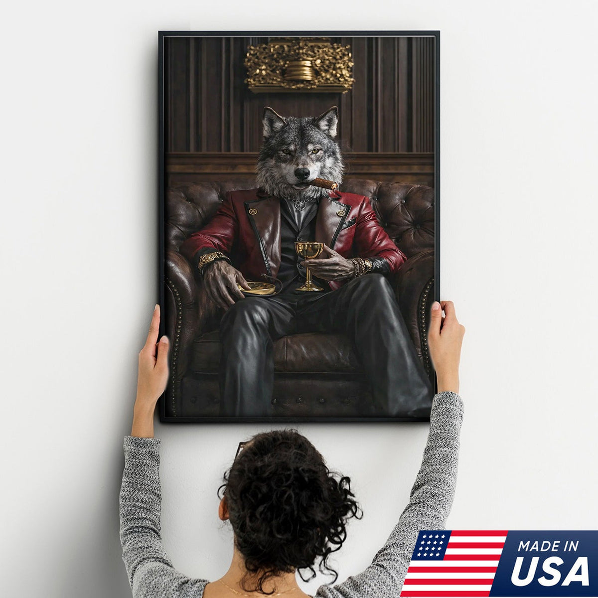 Luxury Alpha Wolf Canvas Wall Art, Aristocratic Wolf Gentleman Portrait