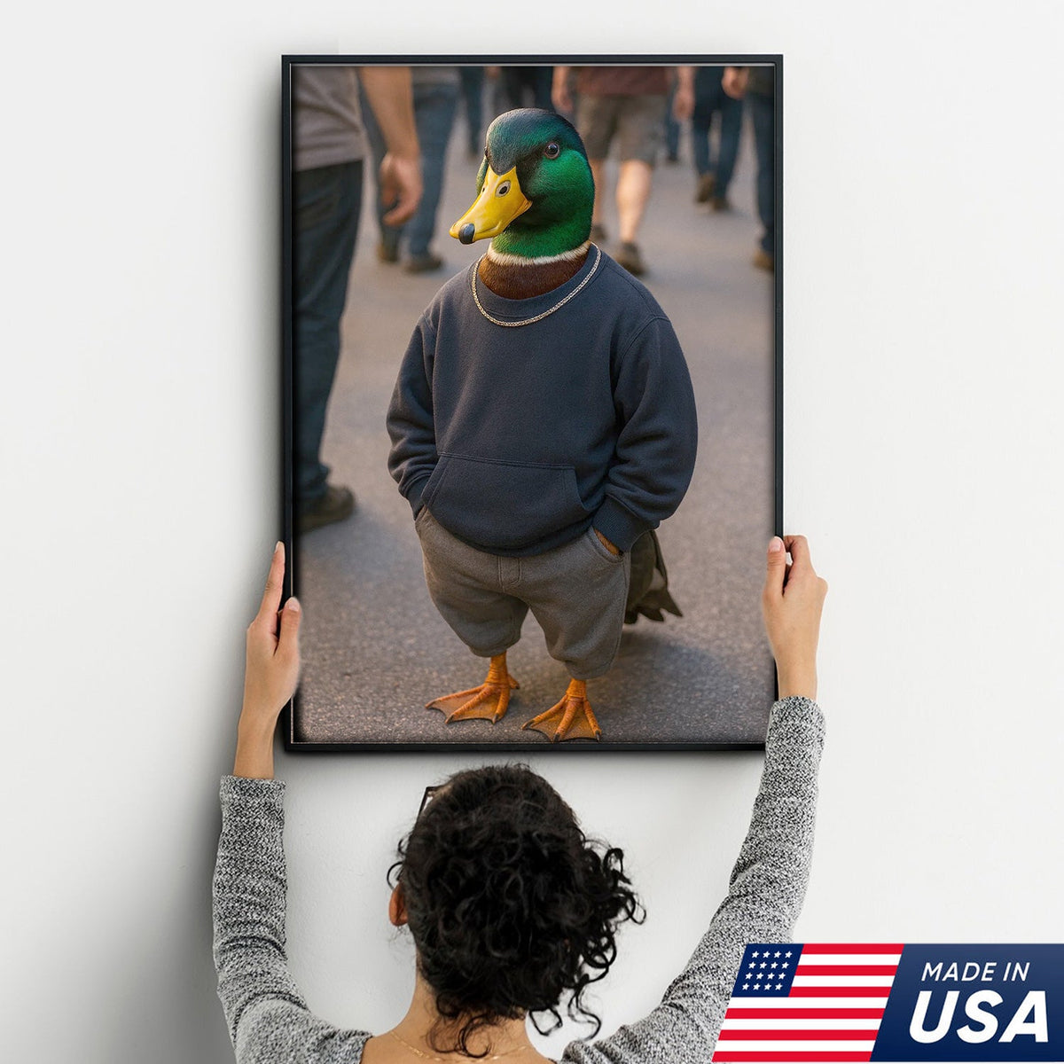 Funny Duck Canvas Wall Art, Cool Mallard in Hoodie Streetwear Poster