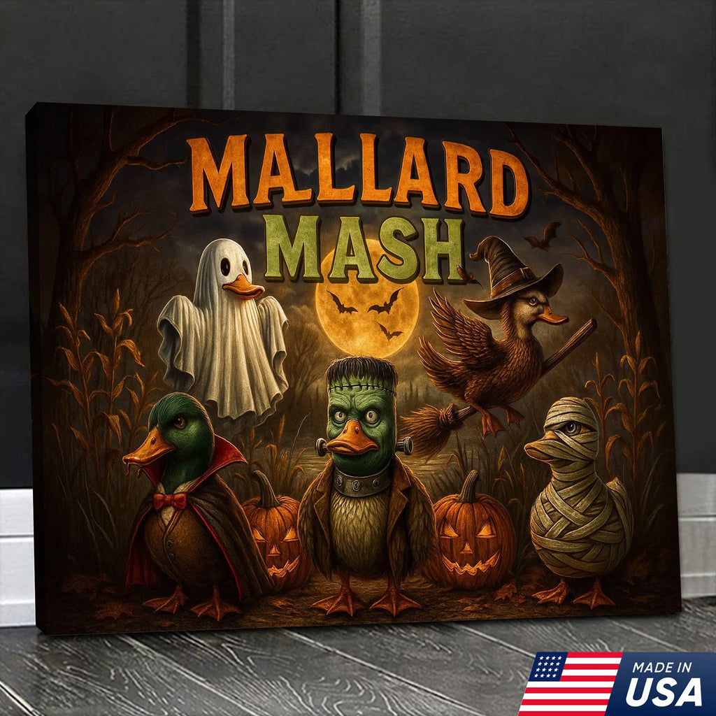 Mallard Mash Halloween Canvas Wall Art – Funny Ducks in Costumes with Pumpkins