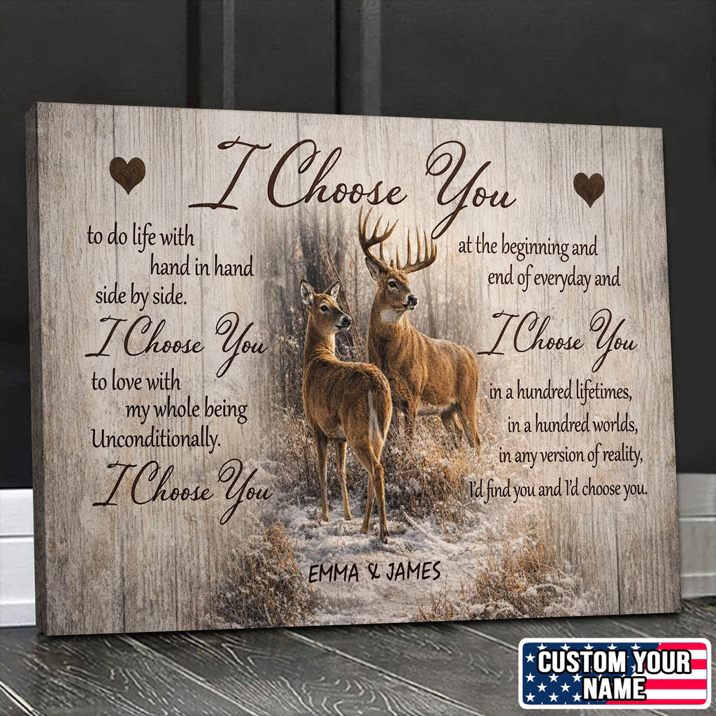 I Choose You Deer Couple Canvas Print, Romantic Woodland Love Wall Art Personalized Gift